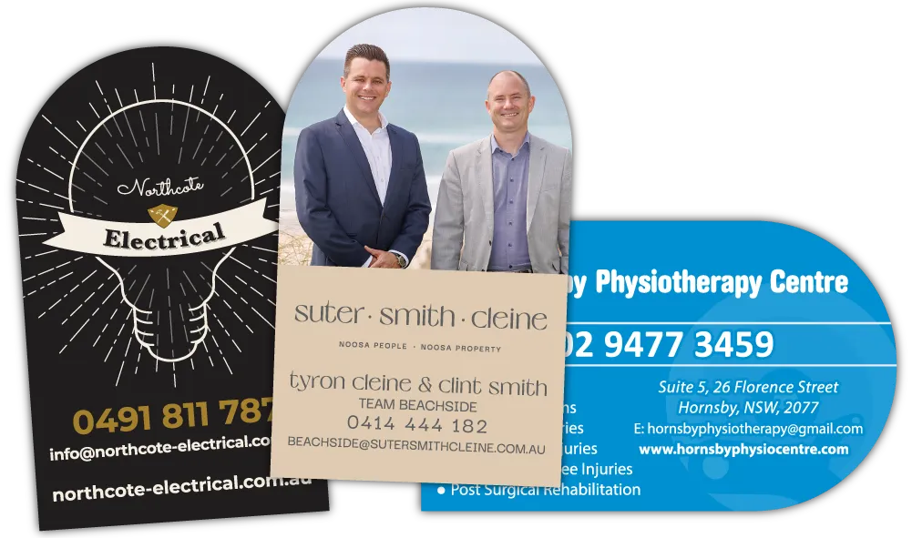 A Collage of Arch Shaped Business Card Fridge Magnets in Portrait and Landscape Orientations