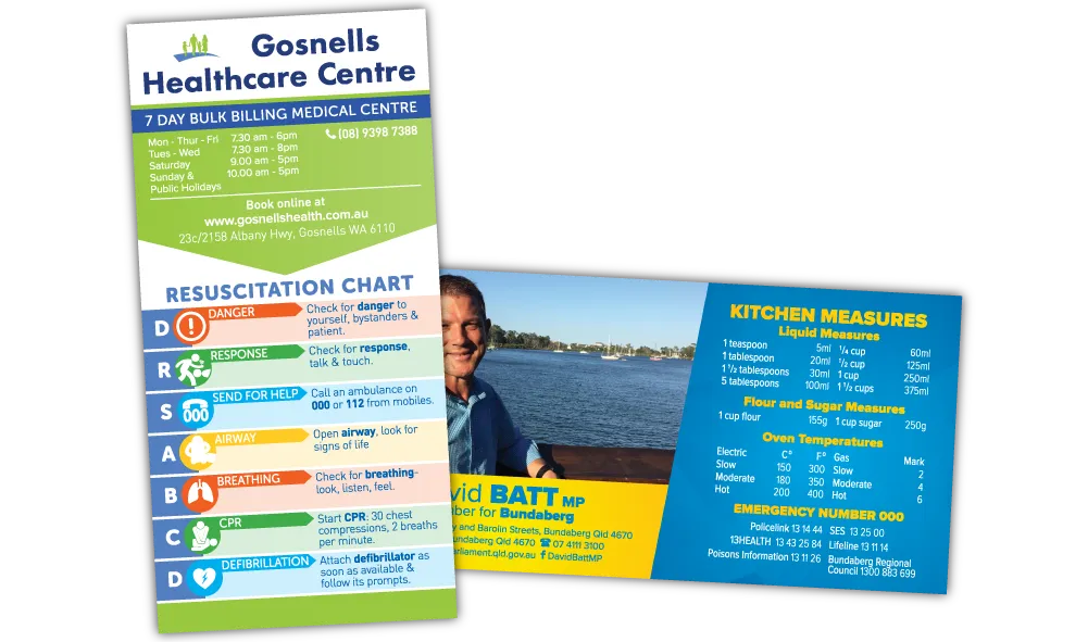 A Pair of Square Corner Information Fridge Magnets at 75mm x 150mm in size