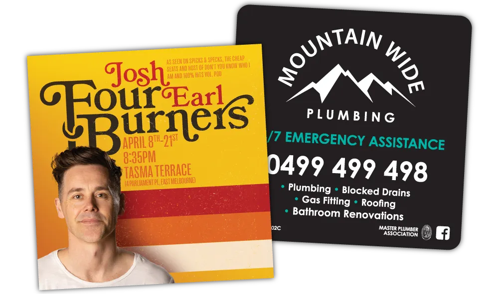 A Square Corner and Rounded Corner Promotional Fridge Magnet at 50mm x 50mm in size