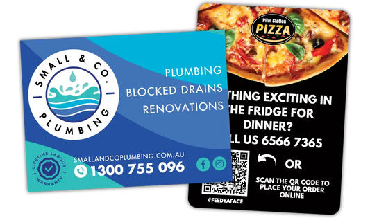 A Square Corner and Rounded Corner Promotional Fridge Magnet at 75mm x 100mm in size