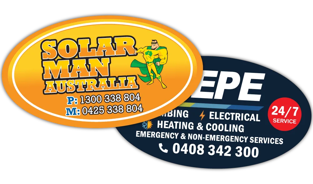 A Pair of Promotional Oval Shaped Fridge Magnets at 80mm x 48mm in size