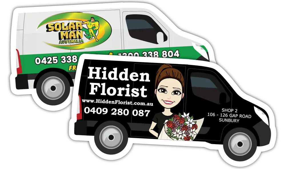 A Pair of Promotional Van 1 Shaped Fridge Magnets at 115mm x 58mm in size