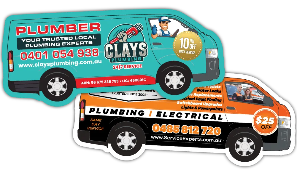 A Pair of Promotional Van 2 Shaped Fridge Magnets at 130mm x 55mm in size