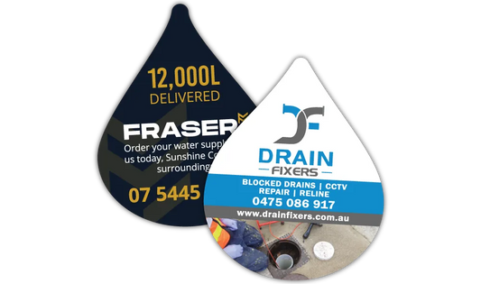 A Pair of Promotional Water-Drop Shaped Fridge Magnets at 55mm x 68mm in size