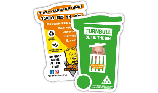 A Pair of Promotional Wheelie Bin 1 Shaped Fridge Magnets at 55mm x 82mm in size