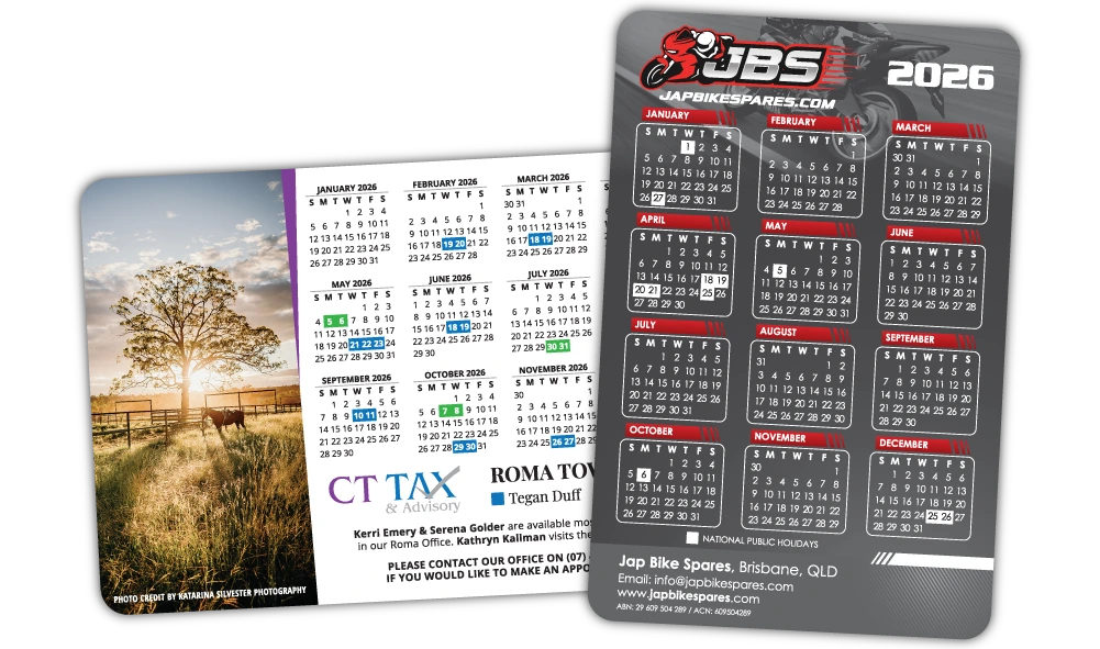 A Pair of Rounded Corner Calendar Fridge Magnets at 105mm x 148mm in size