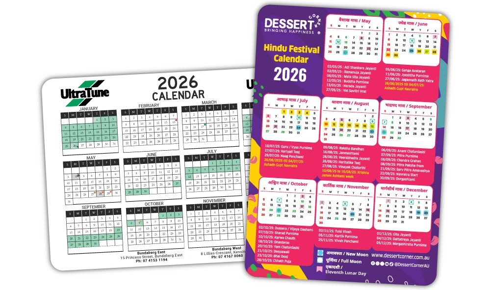 A Pair of Rounded Corner Calendar Fridge Magnets at 148mm x 210mm in size