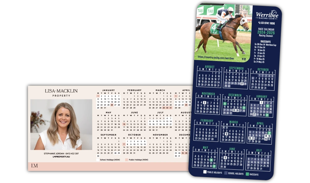 A Square Corner and Rounded Corner Calendar Fridge Magnet at 75mm x 150mm in size