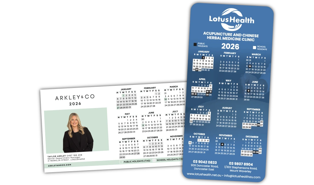 A Square Corner and Rounded Corner Calendar Fridge Magnet at 99mm x 210mm in size