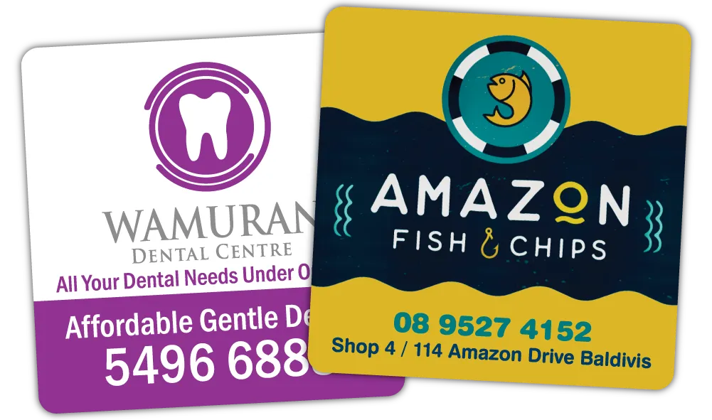 A Pair of Rounded Corner Promotional Fridge Magnets at 70mm x 70mm in size
