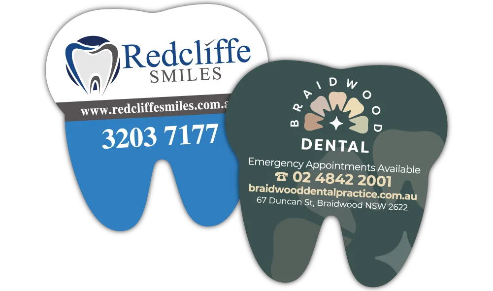 A Pair of Promotional Teeth 1 Shaped Fridge Magnets at 50mm x 50mm in size