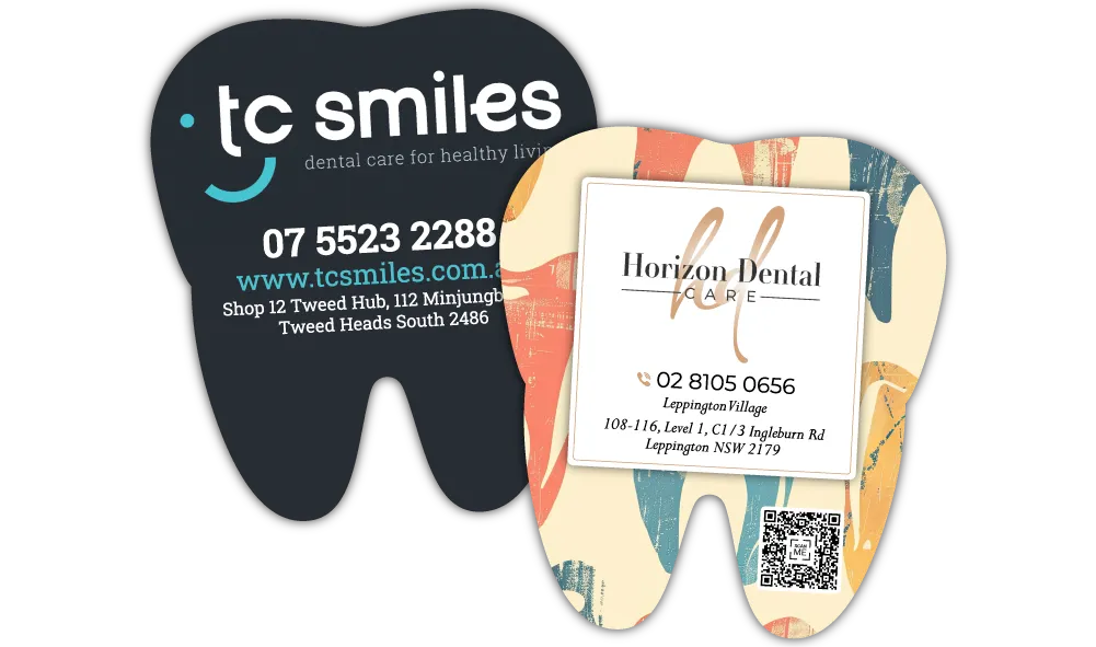 A Pair of Promotional Teeth 2 Shaped Fridge Magnets at 80mm x 90mm in size
